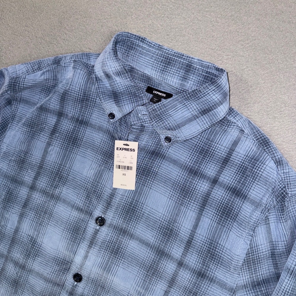 Express Corduroy Shirt Mens XS Blue Plaid Button Down Long Sleeve Cotton NWT